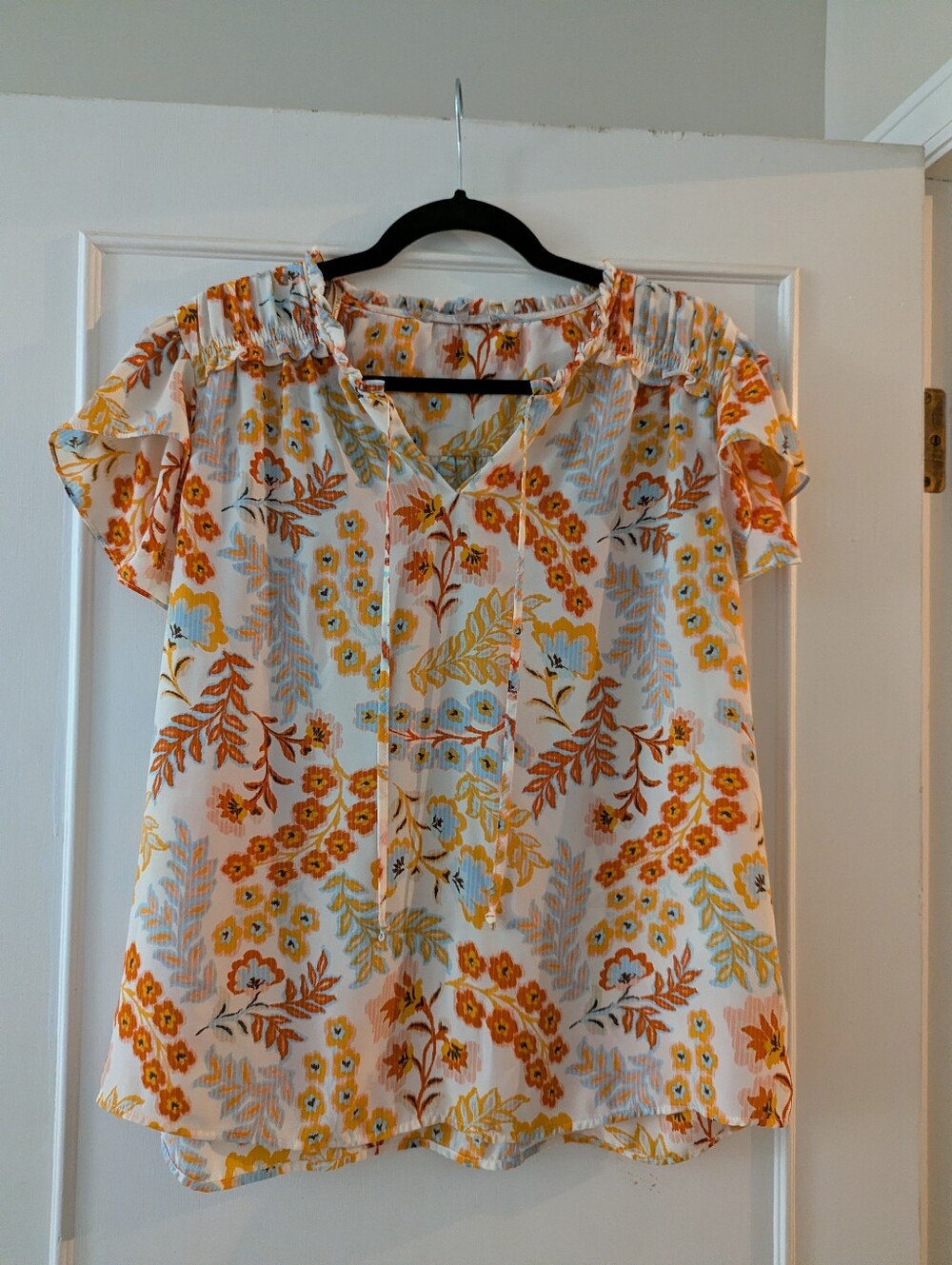 My Danielle Floral Ruffle-Sleeve Blouse - White with Yellow & Orange Size L